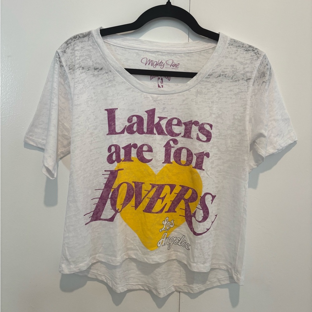 Lakers Mighty Fine White Tee with Purple and Yellow Graphic
